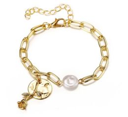 Vintage Retro Circle Sequins Pearls Beads Rose Flower Bracelets Charm Warp Gold Metal Chains Bangles For Women Fashion Jewellery Acc3251307