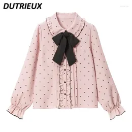 Women's Blouses Wooden Ear Doll Collar Button Shirt Top 2024 Spring Blusa Preppy Style Cute Bow Bot Long Sleeve Japanese Blouse Women