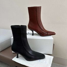 The Row and Edition of Autumn Top-quality Ding Winter New Short Boots for Women's Head Thin Heel High Heel Genuine Leather Single Boot Cowhide Car Thread Slim Zipper