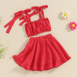 Clothing Sets Toddler Girl Skirts Summer Outfit Embroidery Tie-Up Shoulder Straps Tank Tops And Elastic Waist 2Pcs Clothes Set