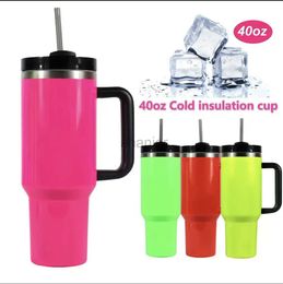 Mugs Fluorescent Color Tumbler With Lid 30oz40oz Insulated Water Bottle With Handle Portable Drinking Cups For Car Home Office 240417