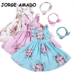 Girl Dresses Summer Baby Dress Blue Pink White Cotton Print Sleeveless Ruffle Sling Headband Fashion Children Clothing E94212