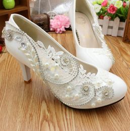 Custom Made Bridal Wedding Shoes 2021 Platforms Kitten High Heel Lace Pearls Crystals White Party Shoes for Brides Bridesmaid Roun2952679