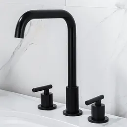 Bathroom Sink Faucets Black 3-hole Faucet And Cold Water Mixer Household Split Brass Basin Washbasin Tap Deck Mounted