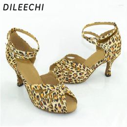 Dance Shoes DILEECHI Leopard Print Satin Latin Female Summer Adult Ballroom Dancing Women's Party Square