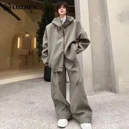 Men's Tracksuits LUZHEN 2024 Stylish Solid Color Original Design Loose Hooded Two-piece Sets Trendy High Street Jacket Baggy Pants LZ2785
