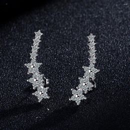 Stud Earrings Real 925 Sterling Silver Bling Zirconia Star Ear Climber Earring For Women Cute Crawler E0012