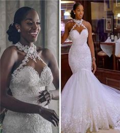 Arabic Aso Ebi Vintage Lace Beaded Mermaid Wedding Dresses Sheer Neck Halter Sleeveless Bridal Dresses Gowns With Buttons Back bc53428236