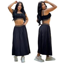 Women Two Pieces Outfits Designer Skirt Set Straps Crop Top Pleated Long Skirt Trendy Women Clothing Free Shipping