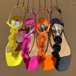 Sandals Shiny Rhinestone Chain Decor Narrow Band Satin Flat Women Summer Gladiator Fashion Vacation Shoes For Ladies