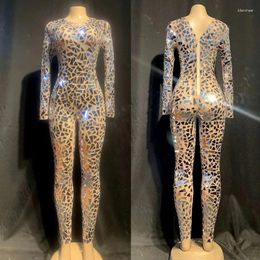 Stage Wear Sparkly Silver Mirror Sequins Jumpsuit Dancer Costume Female Pole Dance Bodysuit Nightclub Gogo Clothes