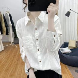 Women's Blouses Spring Autumn Polo Neck White Shirt Women Long Sleeve Blouse Cotton Striped Single-breasted Cardigan Pockets Tops Mujer