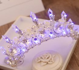 2017 New Baroque Handmade LED Tiara Women Crystal Floral Headdress Pearls Rhinestone Light Crowns Wedding Hair Accessories HG126 S9015646