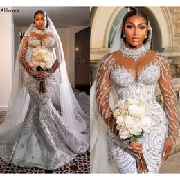 Saprkly Sequined Crystals African Girls Mermaid Wedding Dresses Plus Size High Collar Trumpet Bridal Gown With Illuion Long Sleeves Dubai Arabic Vestidos Cl