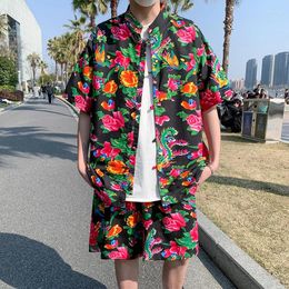 Men's Tracksuits Summer Northeast Big Flower Couple's Chinese Style Shirt Short-sleeved Beach Pants 2-piece Suit