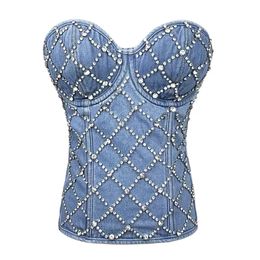 summer Denim Rhinestone Cropped Sexy Women Top With Cups Push Up Camisole Bustier Corset Female Performance Ropa Mujer crop top 240408