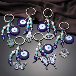 Keychains Lanyards Turkish Evil Eye Hamsa Hand Animal Keychains Keyring Women Men Glass Round Owl Lucky Blue Eye Beads Fatima Hand Bag Car Jewellery Y240417