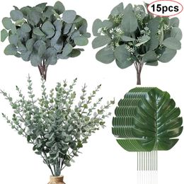 Zostaw 15pcs eukaliptus suszone sztuczne kwiaty zielone łodygi z mrozem do wazonu domowe dekoracja ślubna dekoracja na zewnątrz DIY WEALL WEALL 230613