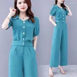 Women's Two Piece Pants Chiffon Trousers Suit 2024 Summer Sets Fashion Two-Piece Short Sleeve V-Neck Shirt And Pant Solid Color For Women