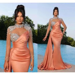 Black Peach Elegant Purple Mermaid Evening Dresses High Neck Sheer Appliques Beads Illusion Long Sleeve Pleats Ruffles F