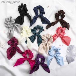 Hair Rubber Bands New Designer Scrunchies Satin Rabbit Ears Hair Ties Solid Color Headwear Bow Knot Scrunchy Girls Hair Accessories Christmas Gift Y240417