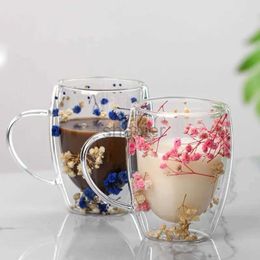 Mugs 1PCS 350ml Double Wall Glass Cup with Handle Dried Flower Decorated Coffee Cup Milk Mug Heat Resistant Tea Cups Kitchen Supplies 240417