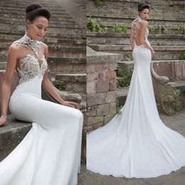 Garden Mermaid Boho Wedding Dresses Gorgeous Beading Pearls High Neckline with Train Slim Fit Backless Bride Robes De Mariee YD