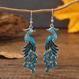 Dangle Earrings Blue Drop Oil Rhinestone Peacock For Women Ethnic Vintage Long Silver Colour Geometric Animal Boho Jewellery Gift