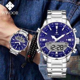 Wristwatches WWOOR Fashion Mens Watches Luxury Original Quartz Digital Analogue Sport Military Wrist Watch For Man Waterproof Steel Clock Box d240417