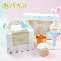 Gift Wrap 10Pcs Marble Pattern 1/2/4/6 Grain Paperboard Cake Packing Box Muffin Cupcake Packaging Boxes Bakery Pastry With Handle