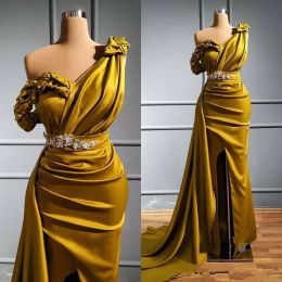 Modest Gold Prom Dresses One Shoulder Crystal Beaded Satin Overskirt Strap Side Slit Custom Made Evening Party Gowns