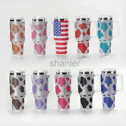 Mugs Large Capacity Stainless Steel Thermos Cup with Handle Shiny Diamond Shiny Vacuum Cup Car Water Bottle 40oz 240417