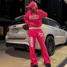 Trendy Men's Sportswear Star Letter Print High Street Hip Hop Men's Sports Casual Hoodie Flared Sweatpants Two Piece Set Streewear