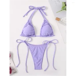 Women's Swimwear Purple Bikini String Drawstring Pleated Backless Swimsuit Thong 2 Piece Beachwear Women Bathing Suit Bikinis Sets Mujer