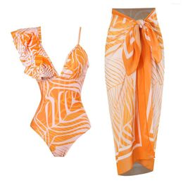 Women's Swimwear 2024 Summer One Shoulder Ruffle Bathing Suit With Skirt Print V-Neck Sarong Two Pieces Swimsuit Brazilian Beachwear