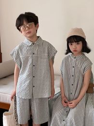 Clothing Sets 2024 Styles Girls 2Pcs Set Plaid Shirt Shorts Summer Suits Kids Clothes 2-8 Years