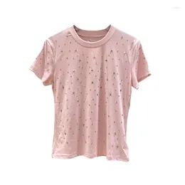 Women's T Shirts Rhinestone Short Sleeve T-Shirt 2024 Summer Round Neck Pullover Commuter's All-Matching Casual Slim Top Tees