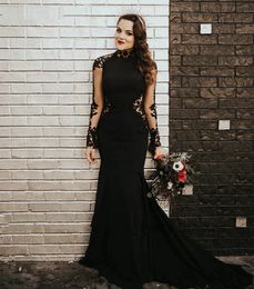 Gothic Black Mermaid Wedding Dresses Sexy Backless Long Sleeves Satin Bridal Gown Lace Appliques Vintage Bride Dress
