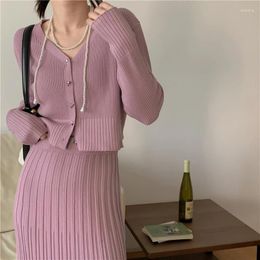 Work Dresses Autumn Winter Knitted Two Piece Skirt Set Women Elegant V Neck Single Breasted Top Midi Vintage Party Suit Outfit Chic