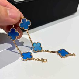 Brand charm Van S925 Sterling Silver Lucky Four Leaf Grass Blue Agate Plating Bracelet for Men and Women High Edition