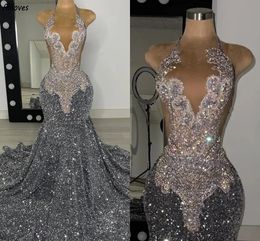 Sparkly Grey Velvet Sequin Long Prom Dresses Black Girls Luxury Rhinestones Bead Mermaid Sheer Formal Evening Party Gala Gowns Women Special Occasion Dress CL3502