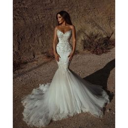 Wedding Fit Dresses 2023 Slim Mermaid Lace Appliques Beaded Sweetheart Neck Sexy Bridal Gowns Backless Long Ivory Tulle Bride Dress Custom Made