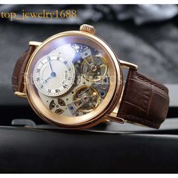 Top Fashion Automatic Mechanical Self Winding Watch Men Gold Sier Dial Leather Strap Wristwatch Classic Double Tourbillon Design Casual Clock 6043