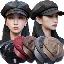 Berets PU Leather French Hats for Men Women Winter Warm Leather Newsboy Cap Female Korean Retro Octagonal Artist Painter Cabbie Beret d24417