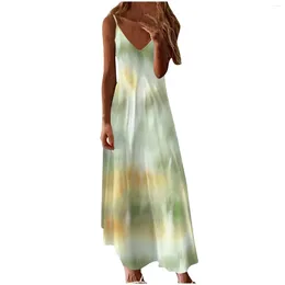 Casual Dresses Womens V Neck Buttons Sexy Sleeveless Geometric Print T Shirt Dress Beach Style Sundress Plus-size Maxi Vestido