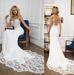 Mermaid Wedding Dresses Sheer Neck Sleeveless Illusion Bodice Appliques Lace Satin See Through Back Beach Wedding Dresses Bridal D4866179