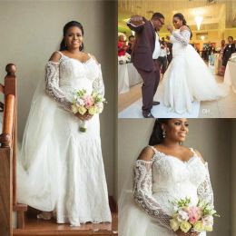 African Plus Size Mermaid Wedding Dresses Lace Long Sleeves Applique Custom Made Off the Shoulder Overskirt Wedding Gown