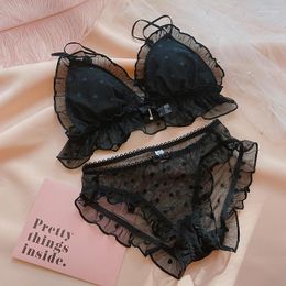 Bras Sets Japanese Girl Bra Set Lolita Wave Dot Mesh Triangle Cup No Steel Ring Underwear Brief Feminine Bow Plus Size Cute Lingerie