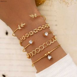 Bangle Trendy Geometric Link Chain Bracelet Set For Women Rhinestones Gold Color Leaves Heart Pendant Open Cuff Bangle Girls JewelryL240417