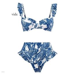 Women's Swimwear Bohemian Printed Swimsuit Women Split Bohemia Style Ruffle Sleeve Bandeau Bra High Waist Swim Set Floral For Beach Best 8647